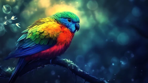 Vibrant Rainbow Parrot in Dreamy Forest, Digital Art Style.