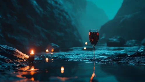 Wine glass glows beside river candles in teal canyon.