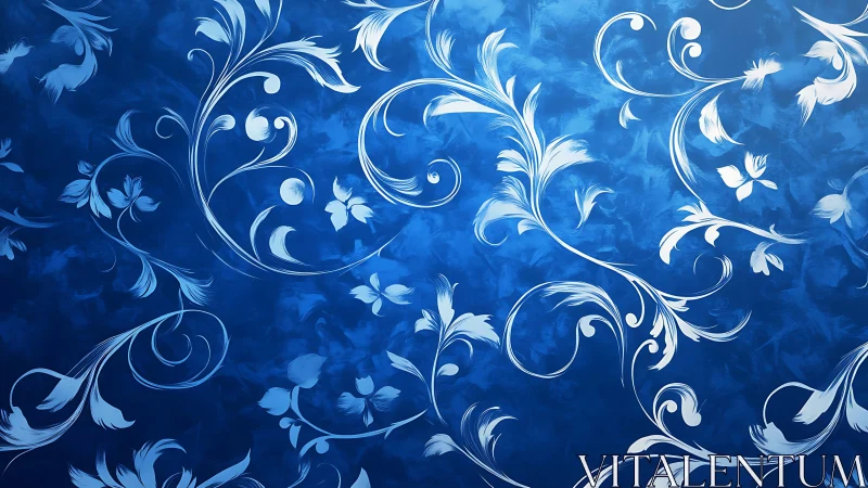 Blue floral swirl pattern with white decorative vines background.