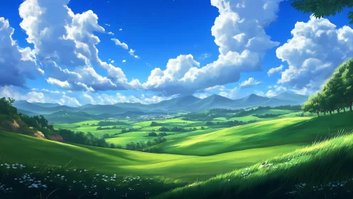 Sunlit green valley stretches beneath towering summer clouds.