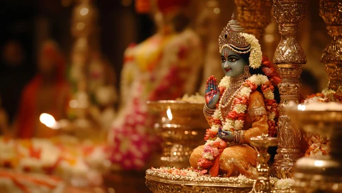 Lotus-blue deity gleams amid marigold garlands and gold altars.