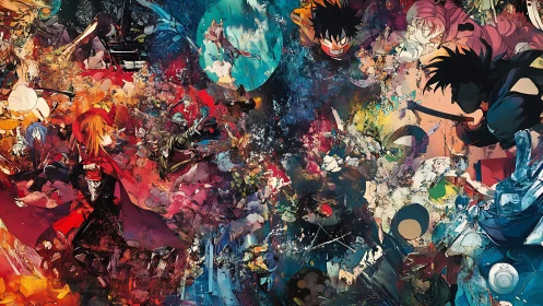 Explosive anime warriors leap through swirling cosmic chaos