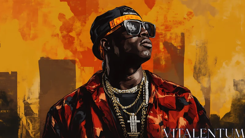 Urban rap icon rendered in bold orange digital portrait.