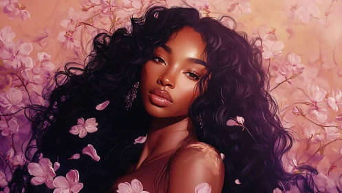 Woman with long dark curls lies among pink blossom petals