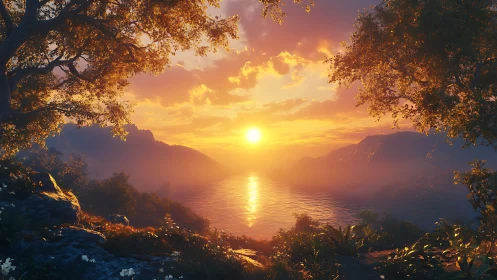 Sunset illuminates a mountainous lake framed by dense foliage