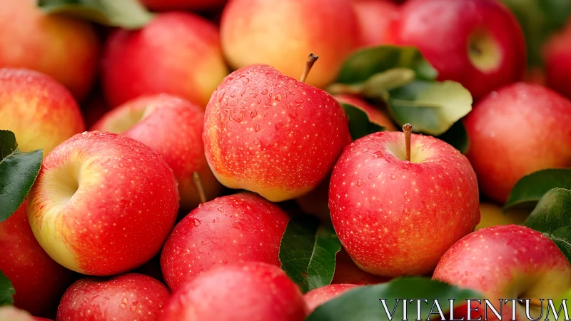 Red and yellow apples with leaves in close-up view.
