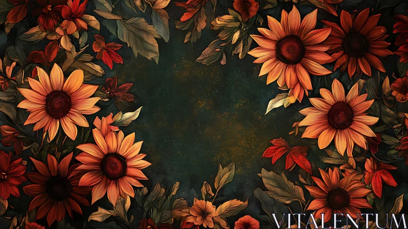 Autumn Sunflowers and Red Blooms on Dark Textured Background