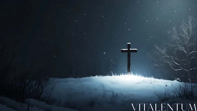 Snowy hilltop cross glowing softly in the quiet night.