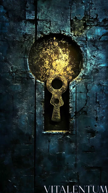 Rustic golden keyhole glowing in dark textured wall.