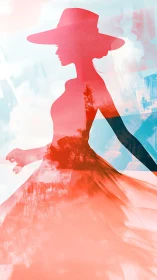 Silhouette of woman in hat blended with sky and trees.