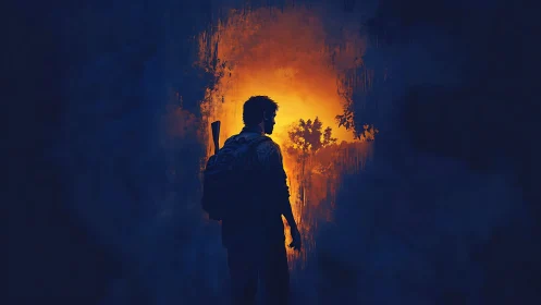 Silhouetted survivor in high-contrast backlit wilderness portal.