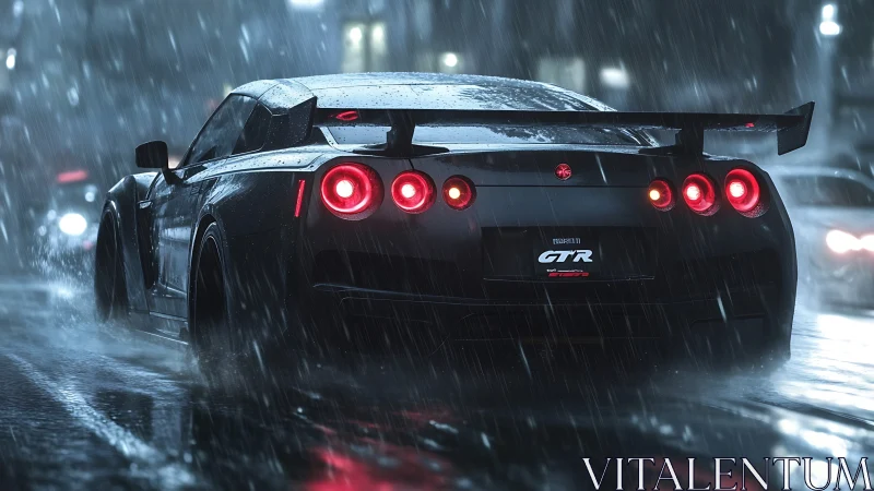 Midnight GTR tears through neon rain-soaked city streets.