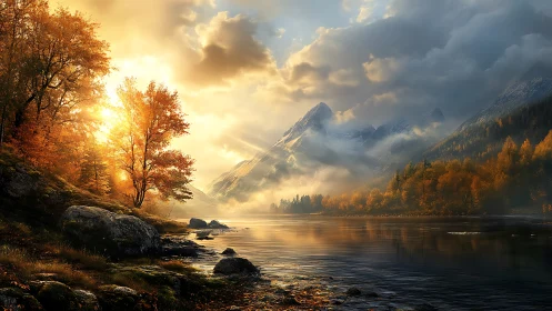Golden autumn sunrise over calm mountain lake scene.