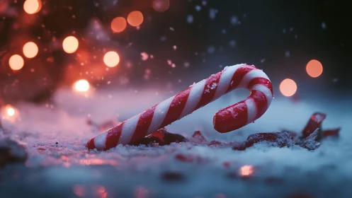 Macro close-up of candy cane on snow with defocused bokeh lights.