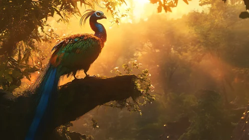 Radiant jungle bird surveys glowing forest canopy at dawn