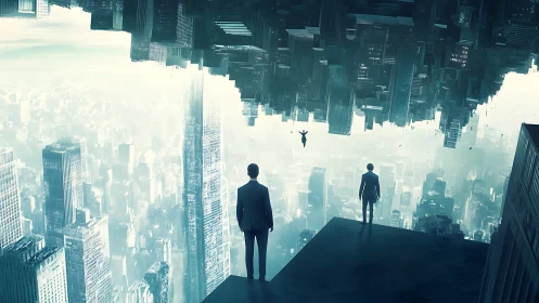 Corporate figures confront inverted futuristic cityscape