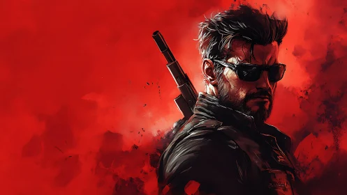 Digital portrait shows armed man in sunglasses on red field