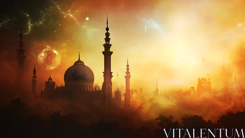 Surreal digital mosque skyline in celestial ember haze.