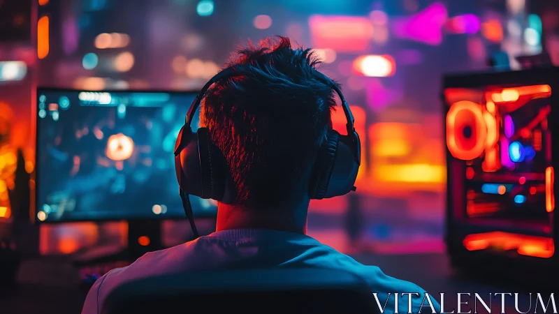 Person using gaming PC in neon lit desktop environment.