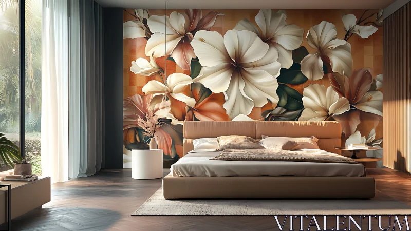 Floral mural transforms serene modern bedroom interior.