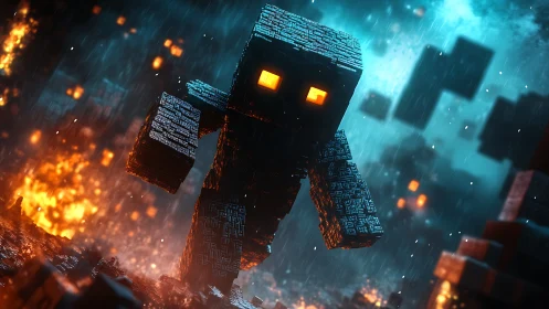 Blocky lava golem strides through rainy pixel ruins.