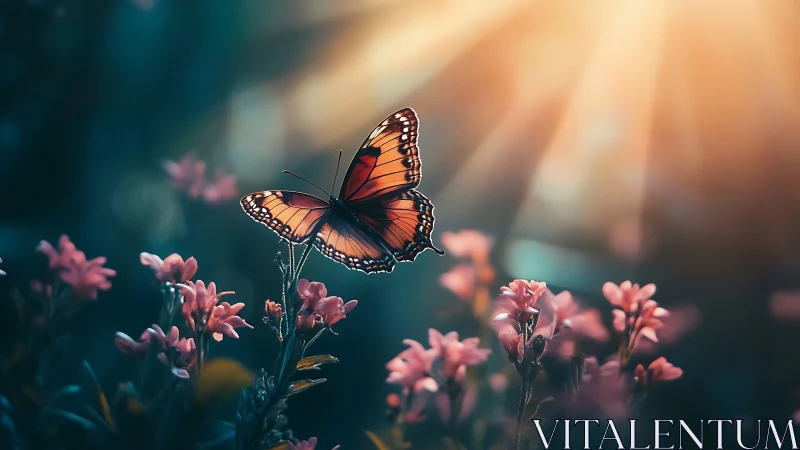 Backlit butterfly in shallow depth-of-field floral macro environment