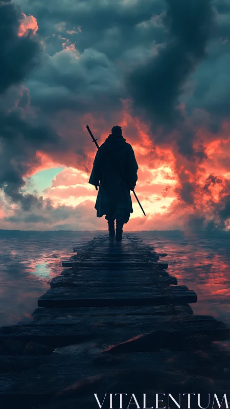 Wandering cloaked figure crossing storm-lit wooden pier.