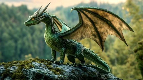 High-fidelity emerald dragon model on mossy cliff ledge.