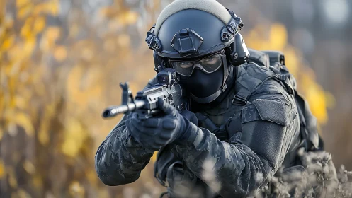 Tactical operator aiming rifle in autumn field environment.