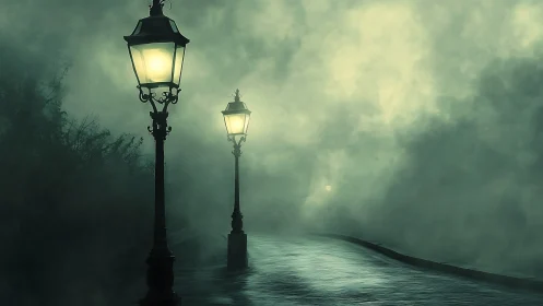 Foggy riverside path with vintage streetlamps at night.