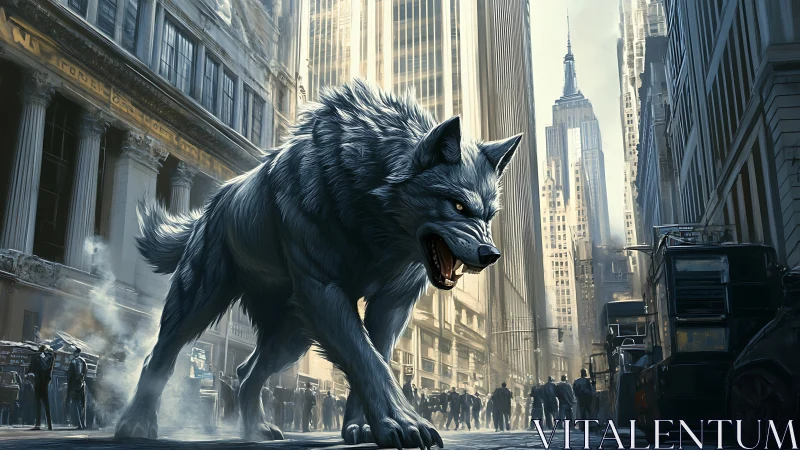 Colossal wolf prowls a canyon of glass and concrete downtown