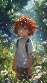 Backlit red-haired child in high-saturation forest glade scene.