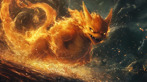 Blazing dragon creature charging through swirling inferno.