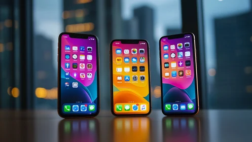 Triple smartphone lineup under city dusk reflections.