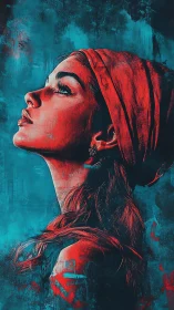 Crimson headscarf and quiet dreams against teal skies.