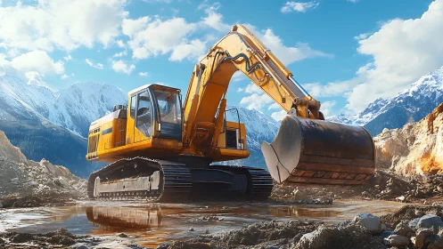 Tracked excavator in mountain construction landscape scene.