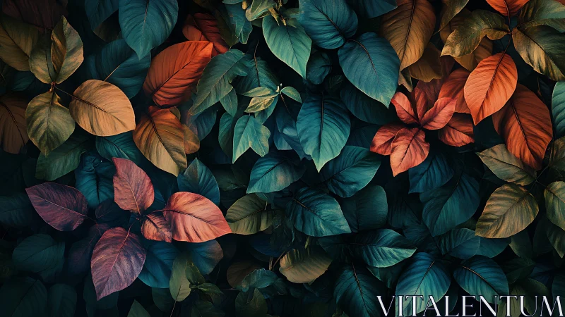 Autumn foliage pattern in deep teal and copper tones.