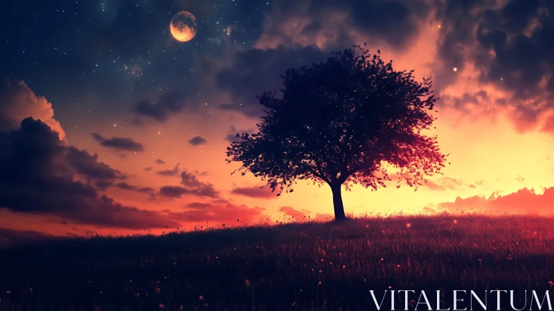 Lone tree silhouettes against a glowing twilight sky