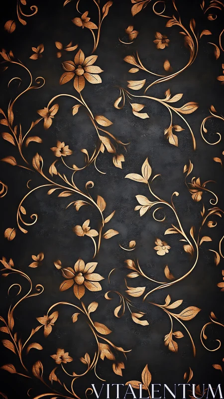 Embossed copper floral scrollwork on dark textured wall surface