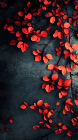 Red leaves on dark textured background, vertical layout.