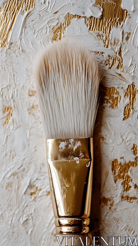 Golden paintbrush rests against rich textured canvas