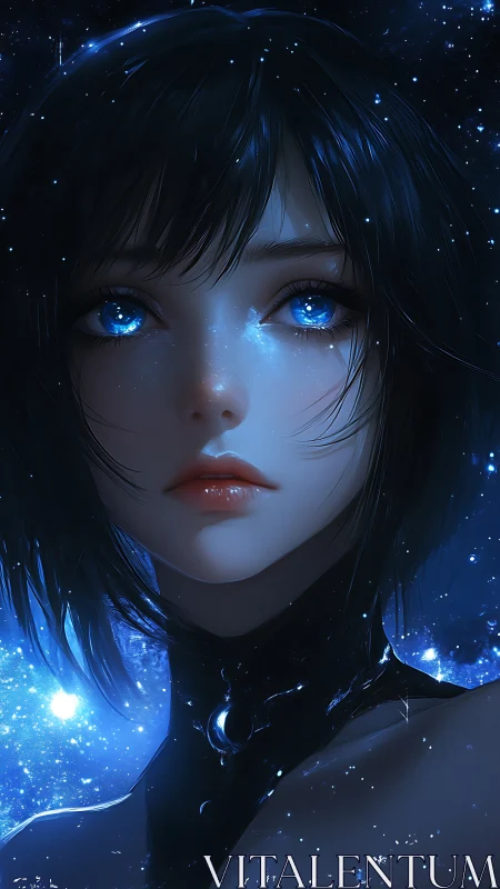 Stellar-eyed girl gazes through deep cosmic blue void.