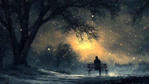 Solitary dreamer beneath ember-lit winter snowfall sky.