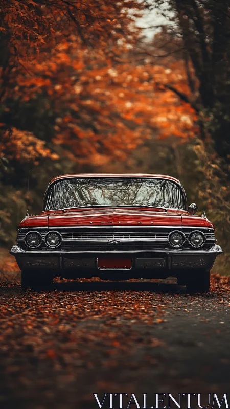Classic red car gleams amid rich autumn forest colors.