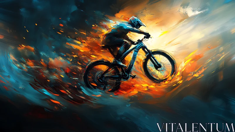 Mountain Biker Races Through Fiery Orange and Blue Abstract Swirls.
