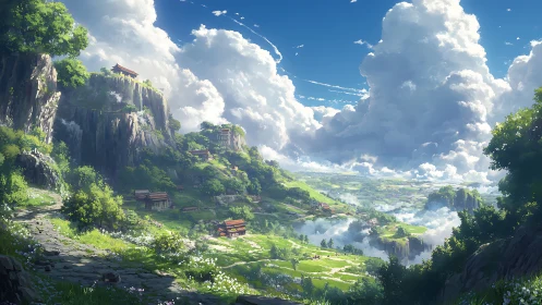 Cloud-kissed valley temples under a sunlit emerald skyway.