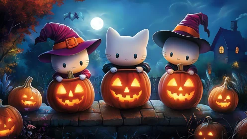 Whimsical Halloween Cats Glow in Moonlit Magic.