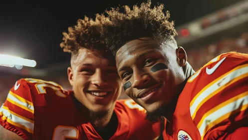 Smiling football teammates in red jerseys under stadium lights.