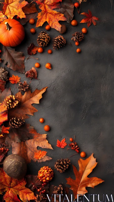 Cozy autumn leaves, pumpkins, and pinecones on dark slate.