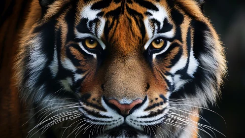 Tiger face fills frame, molten amber eyes lock viewer.